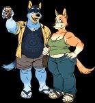  5_toes a&amp;w anthro australian_cattle_dog bandit_heeler beverage black_background blue_body blue_fur bluey_(series) bottomwear breasts canid canine canis cattledog chilli_heeler cleavage clothed clothing domestic_dog duo feet female footwear fur hand_on_hip herding_dog humanoid_feet male mammal pastoral_dog plantigrade purse root_beer sandals shirt shoes shorts silverscarf simple_background soda tan_body tan_fur tank_top toes topwear 