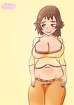  arms_at_sides artist_name bad_anatomy breasts brown_hair bursting_breasts cardigan closed_mouth cowboy_shot crop_top embarrassed flipped_hair hands_on_hips jellyjigs large_breasts legs_together lipstick looking_away looking_to_the_side makeup mature midriff navel orange_pants oyakodon:_oppai_tokumori_bonyuu_tsuyudaku_de pants pink_lipstick polka_dot polka_dot_background raised_eyebrows red_shirt sakie_(oyakodon) shirt short_hair solo sparkle standing thick_thighs thigh_gap thighs yellow_background yellow_shirt 