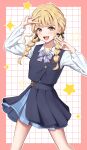  1girl absurdres black_ribbon black_skirt black_vest blonde_hair braid commentary_request fujita_kotone gakuen_idolmaster hair_ornament highres idolmaster miyuki_kotori open_mouth ribbon school_uniform shirt simple_background skirt solo twin_braids v vest white_shirt yellow_eyes 