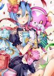  2016 :o bag blue_eyes blue_hair blush bow box bracelet character_name choker confetti dated dress frilled_dress frills gift gift_box gloves green_ribbon hair_between_eyes hair_bow heart heterochromia highres holding holding_gift horns io_(pso2) jewelry looking_at_viewer open_mouth phantasy_star phantasy_star_online_2 pink_bow pink_ribbon polka_dot polka_dot_ribbon puffy_short_sleeves puffy_sleeves ribbon short_hair short_sleeves shoulder_cutout solo sparkle star striped striped_ribbon stuffed_animal stuffed_toy tattoo white_gloves wrist_ribbon yellow_eyes yoshida_iyo 