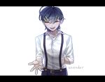  1boy ^_^ ahoge arm_behind_back artist_name belt black_pants blue_hair buttons closed_eyes collared_shirt danganronpa:_despair_time david_chiem facing_viewer false_smile grin hair_between_eyes hair_ornament hairclip open_collar open_hand outstretched_hand pants parallel_hairclips partially_unbuttoned reaching reaching_towards_viewer shirt simple_background sleeves_rolled_up smile solo star_(symbol) star_hair_ornament suspenders triangle_hair_ornament wcender white_background white_shirt 