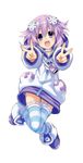  absurdres collar d-pad d-pad_hair_ornament earphones full_body hair_ornament highres hood hoodie looking_at_viewer neptune_(series) open_mouth purple_eyes purple_hair short_hair simple_background smile solo striped striped_legwear tsunako v white_background 