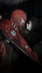  2girls binah_(project_moon) black_coat black_dress black_eyes black_hair blonde_streaks brown_coat closed_mouth coat dress e.g.o_(project_moon) extra_eyes fur-trimmed_coat fur_trim gebura_(project_moon) hand_on_another's_waist holding holding_sword holding_weapon kali_(project_moon) lobotomy_corporation long_hair long_sleeves looking_at_another medium_hair mimicry_(e.g.o) multicolored_hair multiple_girls nayovuu parted_lips project_moon red_hair sidelocks smile streaked_hair sword twitter_username very_long_hair vignetting weapon yellow_eyes yuri 