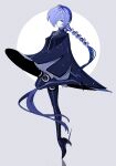  1girl absurdres blue_boots blue_cloak blue_eyes blue_hair boots cloak closed_mouth commentary_request crescent crescent_earrings earrings grey_background high_heels highres jewelry leg_up long_hair looking_at_viewer promeia_(zenless_zone_zero) solo standing standing_on_one_leg thigh_boots tiptoes torishima_(oshiritorishima) very_long_hair zenless_zone_zero 