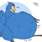 2025 ambiguous_gender anthro avian beak belly big_belly bird blue_arms blue_belly blue_body blue_feathers blue_wings english_text feathers green_eyes hi_res huge_belly overweight pelecaniform rumbling_stomach shoebill simple_background solo text watermark white_background wings yauhasart yellow_beak
