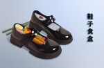  bento black_shoes blue_background cherry_tomato chinese_text chopsticks commentary_request egg_(food) food food_focus food_request footwear_focus highres liantongjiqi mary_janes no_humans original rice shadow shiny_footwear shoes simple_background tomato translation_request 