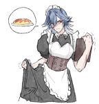  1girl apron black_dress black_skirt blue_hair blush brown_corset ceto_(path_to_nowhere) commentary_request corset dress food frilled_apron frilled_headwear frills holding holding_menu holding_own_skirt jrnc23 korean_commentary menu omelet omurice path_to_nowhere red_eyes scar scar_on_arm scar_on_face short_sleeves skirt spoken_food white_apron white_headdress 