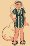 2024 anthro belt blush button_dress clothing dress footwear hair hand_on_hip happy hi_res long_hair male mammal mephitid nonbinary_(lore) orange_background pink_body pink_nose sandals shoes simple_background skunk skunkes smile smunker_(skunkes) solo tail whiskers white_hair 