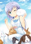  ;) animal_ears blue_eyes blue_hair bunny bunny_ears cheek-to-cheek cloud day dress gochuumon_wa_usagi_desu_ka? hair_ornament hairclip kafuu_chino long_hair one_eye_closed outdoors samnedar sitting sky sleeveless sleeveless_dress smile sundress tippy_(gochiusa) too_many too_many_bunnies white_dress 