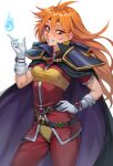  1girl armor bandeau belt black_headband cape cheshirrr earrings gloves headband highres jewelry lina_inverse loose_belt magic orange_hair pants pauldrons red_pants shoulder_armor slayers smile solo sphere_earrings white_gloves yellow_bandeau 