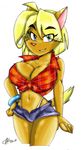  2015 akatsukishiranui-fox big_breasts blonde_hair breasts canine cleavage clothed clothing denim dingo dog female grin hair huge_breasts ineffective_clothing inviting looking_at_viewer mammal shazza shirt shorts signature simple_background solo teeth thong ty_the_tasmanian_tiger white_background 