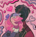  abstract_background alternate_species anatid anseriform arcane_(tv_series) artist_self-insert avian beak bird black_body clothing duck hair happy heart_symbol hi_res league_of_legends long_hair male male/male pink_background pink_body red_eyes riot_games romantic scar self-ship silco_(arcane) simple_background skunkes smunker_(skunkes) tencent yumeship 