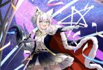  1girl ahoge animal_ear_fluff animal_ears aqua_eyes belt blue_jacket blue_skirt blush braid braided_base bun_with_braided_base cape commentary crossed_bangs crown english_commentary epaulettes fox_ears fox_girl fox_tail fur-trimmed_cape fur_trim garter_straps gloves gold_crown gold_trim hair_between_eyes hair_bun half-skirt highres holding holding_sword holding_weapon hololive jacket layered_skirt looking_at_viewer mini_crown miniskirt necktie official_alternate_costume official_alternate_hairstyle open_mouth pentagram pleated_skirt red_cape shirakami_fubuki shirakami_fubuki_(fbkingdom) shirt short_hair side_braid side_cape sidelocks single_hair_bun skirt smile solo sword tail tilted_headwear tyepeti virtual_youtuber weapon white_gloves white_necktie white_shirt white_skirt 