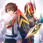  2boys back-to-back black_bodysuit black_pants bodysuit brown_eyes brown_hair commentary_request exdreamrise_capsem henshin_pose kamen_rider kamen_rider_zeztz kamen_rider_zeztz_(series) kamen_rider_zeztz_exdream male_focus multiple_boys pants red_eyes shirt short_hair tsuezu white_shirt yorozu_baku zeztz_exdream_driver 