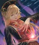  1girl black_dress black_hat blonde_hair breasts chinese_clothes commentary dalachi_(headdress) dress energy energy_tail fox_tail hat highres junko_(touhou) kisuke1212 large_breasts long_hair long_sleeves looking_at_viewer multiple_tails neck_ribbon red_eyes red_tabard ribbon smile solo tabard tail touhou very_long_hair wide_sleeves yellow_ribbon 