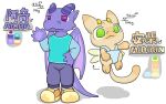  2_horns 3_toes 4_wings 5_fingers akira_(nomani_int32) anthro blue_bottomwear blue_clothing blue_topwear bottomwear chinese_text clothing curved_horn dragon duo feet fingers floating floating_wings footwear green_eyes green_wings head_horn hi_res horn light_wings male mirikin_(nomani_int32) multi_wing mythological_creature mythological_scalie mythology nomani_int32 overalls palette pants plantigrade point_coloration purple_arms purple_body purple_bottomwear purple_clothing purple_ears purple_eyes purple_horn purple_legs purple_pants purple_tail purple_wings scalie shirt shoes short_legs simple_background sleeves small_horn smooth_horn sneakers socks standing striped_horn stripes tail tank_top text thin_tail toes topwear unusual_anatomy unusual_wings white_background white_clothing white_footwear white_socks wings yellow_arms yellow_body yellow_clothing yellow_ears yellow_feet yellow_footwear yellow_horn yellow_shoes yellow_tail 