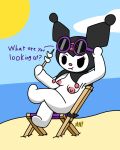 beach casual_nudity eating eyewear female hi_res kuromi lagomorph leporid mammal minygold onegai_my_melody outside public public_nudity rabbit sanrio sitting solo sunglasses