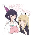  2girls ahoge animal_ears arm_around_shoulder birthday black_hair blonde_hair blush chinese_text cho_kaguya-hime! collarbone commentary_request cropped_torso ezbottt fushi_(cho_kaguya-hime!) grin hand_on_another's_shoulder happy_birthday hat highres kaguya_(cho_kaguya-hime!) lab_coat long_hair multiple_girls one_eye_closed party_hat party_horn red_eyes sakayori_iroha short_hair short_sleeves smile umbrella_octopus upper_body white_background 