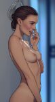  1girl absurdres breasts brown_eyes brown_hair commentary completely_nude covering_crotch covering_privates cowboy_shot facing_to_the_side from_side hair_ornament hair_up half_updo hand_up highres large_breasts looking_to_the_side narrow_waist natalie_portman navel nipples nude open_mouth padme_amidala profile realistic star_wars untranslatable_commentary viiperart 