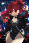  1girl black_choker black_jacket black_leotard breasts choker city city_lights cityscape cleavage commentary cowboy_shot dated_commentary floating_hair gloves hair_ribbon hand_up heavy_lens_flare highres jacket lens_flare leotard long_hair long_sleeves looking_at_viewer medium_breasts night outdoors persona persona_5 persona_5_the_royal ponytail red_eyes red_gloves red_hair ribbon smile snapping_fingers solo sparkle thighs violet_(persona_5) yoshizawa_kasumi zer00han 