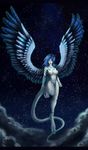  5_fingers anthro black_bars blue_areola blue_eyes blue_feathers blue_hair blue_lips breasts feathered_wings feathers featureless_crotch female flying grey_feathers hair humanoid kitty_silence long_hair long_tail navel night nipples nude sky solo spread_wings star starry_sky wide_hips wings 