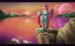  4_toes anthro black_bars black_hair braided_hair breasts detailed_background digitigrade featureless_breasts featureless_crotch female hair kitty_silence navel outside planet red_hair sky smile solo standing toes unknown_species 