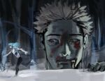  2boys commentary facial_mark itadori_yuji jujutsu_kaisen kryzpepin mahito_(jujutsu_kaisen) male_focus multiple_boys outdoors scar scar_on_face scar_on_mouth snow snowing spiked_hair undercut 