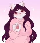  2026 4_fingers anthro artist_name bear bent_arm big_breasts black_eyebrows black_hair blue_eyes blush blush_lines breasts cheek_tuft claws closed_smile clothed clothed_anthro clothed_female clothing colored digital_drawing_(artwork) digital_media_(artwork) english_description eyebrow_through_hair eyebrows eyelashes eyelashes_through_hair facial_tuft female finger_claws fingers fluffy_ears fur gradient_background hair half-length_portrait hand_pawpads happy head_tilt heart_pawpads heart_symbol hi_res inner_ear_fluff light lighting mammal mouth_closed pawpads pink_clothing pink_nose pink_pawpads pink_sweater pink_topwear polar_bear portrait purple_background shaded simple_background smile solo sparkles suzeart sweater text topwear translucent translucent_hair tuft ursine wavy_hair white_body white_claws white_fur white_inner_ear_fluff 