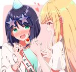  2girls absurdres birthday birthday_cake black_hair blonde_hair blush cake cho_kaguya-hime! collarbone commentary_request eyewear_on_head feeding food green_eyes hat heart highres holding_utensil kaguya_(cho_kaguya-hime!) lab_coat long_hair looking_at_another medium_hair mole mole_under_eye multiple_girls open_mouth party_hat sakayori_iroha short_sleeves smile star-shaped_eyewear star-shaped_pupils star_(symbol) suruga_tou symbol-shaped_pupils translated upper_body yuri 