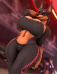 2025 3d_(artwork) anthro big_breasts black_body black_fur bra breasts brown_body brown_fur canid canine canis cleavage clothed clothed_anthro clothed_female clothing delbi3d digital_media_(artwork) dobermann domestic_dog ear_piercing female fur hi_res huge_breasts jogging_pants lips looking_at_viewer mammal multicolored_body multicolored_fur nipples piercing pinscher red_eyes rhys_(delbi3d) solo sports_bra thick_bottom_lip thick_thighs two_tone_body two_tone_fur underwear wide_hips
