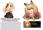  2girls absurdres animal_ears arknights bear_ears bear_girl blonde_hair brown_hair candy_hair_ornament ceobe_(arknights) closed_mouth commentary cropped_torso crying dog_ears dog_girl english_commentary english_text food-themed_hair_ornament gummy_(arknights) hair_ornament highres long_hair looking_at_viewer meme_request mintmosse multiple_girls open_mouth red_eyes short_hair simple_background smile white_background 