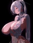  1girl absurdres armpit_cutout arms_behind_back black_hair bodysuit breasts cinderella_(nikke) closed_mouth clothing_cutout commentary_request goddess_of_victory:_nikke hair_over_one_eye headgear highres huge_breasts large_areolae long_hair neme_jis one_eye_covered red_eyes see-through_bodysuit see-through_clothes see-through_skirt simple_background skirt smile solo stomach_cutout white_bodysuit white_hair 