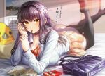  1girl bag black_choker black_hair black_thighhighs book bow bowtie breast_press breasts choker cleavage commentary_request food fujiwara_yamato_(gibagiba) gibagiba highres holding holding_pen huge_breasts indoors long_hair looking_at_viewer lying mole mole_under_eye mouth_hold on_stomach original pen pocky red_bow red_bowtie revision school_uniform skirt smile solo the_pose thighhighs thighs yellow_eyes yellow_skirt zettai_ryouiki 
