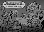  1girl absurdres announcement beelzebub_(helltaker) boots breasts bug business_suit commentary crepe demon demon_girl demon_horns earrings english_commentary fly food freckles gloves greyscale helltaker highres holding holding_crepe holding_food holding_tray horns jewelry monochrome official_art solo speech_bubble suit tentacles throne tray vanripper vest waistcoat white_hair white_horns 