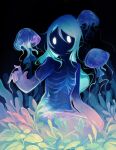 ambiguous_gender aquatic blue_hair bone cnidarian elemental_creature elemental_humanoid feefal female feral glowing glowing_eyes group hair hi_res humanoid jellyfish leaf medusozoan nude plant rib_cage sitting skeleton spine teal_hair translucent translucent_body underwater water water_creature water_humanoid white_eyes