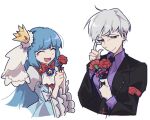  2girls ^_^ black_suit blue_hair bow bowtie closed_eyes closed_mouth collared_shirt crown flower grey_hair highres holding holding_flower long_hair multiple_girls nightboo open_mouth piece_(umineko) purple_shirt red_bow red_bowtie red_flower shirt simple_background smile suit tearing_up umineko_no_naku_koro_ni upper_body ushiromiya_kyrie white_background 