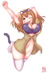  animal_ears arms_behind_head blush bottomless breasts cat_cutout cat_ears cat_lingerie cat_tail cleavage_cutout dated hairband highres i-26_(kantai_collection) jumping kanon_(kurogane_knights) kantai_collection large_breasts light_brown_eyes light_brown_hair long_hair meme_attire navel one_eye_closed sailor_collar short_sleeves solo tail thighhighs two-tone_hairband two_side_up 