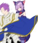  1girl animal_costume animal_ears armor blurry blush cape chocoan covering dangerous_beast fate/grand_order fate_(series) father_and_daughter hair_over_one_eye halloween_costume lancelot_(fate/grand_order) mash_kyrielight purple_eyes purple_hair short_hair sweat tail thighhighs wolf_ears wolf_tail 