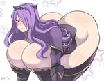  abstract_background armor artist_name ass black_armor blush breasts bursting_breasts camilla_(fire_emblem_if) circlet fire_emblem fire_emblem_if g-string gigantic_breasts hair_ornament hair_over_one_eye horned_headwear huge_ass long_hair looking_at_viewer open_mouth pink_eyes purple_hair skindentation thong watermark zetarok 