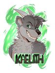  2016 abstract_background anthro black_nose bust_portrait digital_media_(artwork) dragon front_view fur green_eyes grey_fur grey_hair grey_horn grin hair hi_res horn hybrid kaelith looking_at_viewer male mammal mustelid name_badge otter portrait solo teeth treats whiskers 