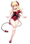  absurdres bad_id bad_pixiv_id bare_shoulders blonde_hair breasts covered_navel detached_sleeves fang highres horns legs leotard long_hair mary_janes open_mouth original outstretched_arms papo pointy_ears puffy_detached_sleeves puffy_sleeves red_eyes red_leotard shoes small_breasts smile solo standing standing_on_one_leg tail 
