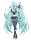 1girl absurdres animal_ears aqua_eyes aqua_hair aqua_nails aqua_necktie bare_shoulders black_boots black_skirt black_thighhighs boots breasts closed_mouth commentary english_commentary fingernails fox_ears fox_girl fox_tail full_body grey_pantyhose hair_between_eyes hand_up hatsune_miku highres kemonomimi_mode long_hair looking_at_viewer medium_breasts meng_xi_xuan nail_polish navel necktie no_panties pantyhose pussy see-through_clothes see-through_skirt simple_background skirt smile solo standing tail thighhighs thighhighs_over_pantyhose twintails vocaloid white_background 