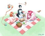  1boy 2girls altus_(centuria) amber_(centuria) artist_name bread centuria_(manga) cup eating food hair_bun hair_over_one_eye ham highres holding holding_food holding_sandwich hydrokinesis juice lettuce long_eyelashes long_hair lymonh maid multiple_girls mundane_utility orange_hair orange_juice outdoors picnic picnic_basket picnic_blanket pitcher_(container) red_hair sandwich water zira_(centuria) 