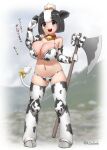  1girl :d animal_ears animal_print arm_up ass_visible_through_thighs axe bare_shoulders bell belt_collar bikini black_eyes black_hair blurry blurry_background blush bow breasts cleavage collar collarbone commentary_request cow_ears cow_girl cow_horns cow_print cow_print_bikini cow_tail cowbell elbow_gloves extra_ears eyes_visible_through_hair full_body gloves groin hair_bow hair_bun hand_up highres holding holding_axe holding_weapon holstein_friesian_cattle_(kemono_friends) horns huge_breasts kemono_friends knee_pads legs_apart looking_at_viewer multicolored_hair navel neck_bell open_mouth orange_bow print_bikini print_gloves print_thighhighs red_collar ribbon short_hair single_hair_bun skindentation smile solo standing stomach swimsuit tail tail_bell tail_bow tail_ornament tail_ribbon teeth thighhighs translation_request twitter_username two-tone_hair weapon white_hair yellow_bow yonkuron 