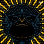2025 ambiguous_gender anthro avian belly big_belly bird black_background black_belly black_body feathers flat_colors front_view galliform gold_(metal) gold_jewelry gold_necklace hand_on_back hi_res huge_belly jewelry looking_at_viewer necklace overweight peacock_feather peafowl phasianid simple_background solo wings yauhasart yellow_background