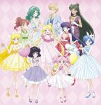  6+girls ;) ;d aino_minako aqua_hair bishoujo_senshi_sailor_moon bishoujo_senshi_sailor_moon_crystal blonde_hair blue_hair brown_hair chibi_usa closed_mouth crossdressing crossdressing_(ftm) cup double_bun dress gloves green_dress hair_bun hand_up hino_rei holding holding_cup kaiou_michiru kino_makoto long_hair meiou_setsuna mizuno_ami multiple_girls official_art one_eye_closed pink_background pink_hair ponytail purple_dress purple_hair reverse_trap short_hair smile split_mouth ten'ou_haruka tomoe_hotaru tsukino_usagi twintails vertical-striped_suit very_long_hair wavy_hair white_dress white_gloves yellow_dress 