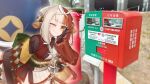  1girl black_gloves blush breasts fate/grand_order fate_(series) gloves green_kimono hair_ornament highres izumo_no_okuni_(fate) japanese_clothes kimono long_hair long_sleeves looking_at_viewer multicolored_hair one_eye_closed postbox_(outgoing_mail) red_kimono rope_belt short_kimono small_breasts smile sphere_hair_ornament split-color_hair two-tone_hair two-tone_kimono uninu wide_sleeves zanzaburou_(fate) 