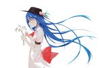  black_hat blouse blue_dress blue_hair bow dress flower flower_request food from_side fruit hat hinanawi_tenshi large_bow long_hair peach puffy_short_sleeves puffy_sleeves red_bow red_eyes short_sleeves simple_background solo standing tetsurou_(fe+) touhou upper_body white_background white_blouse wind 