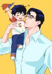  2boys carrying carrying_person casual clark_kent collared_shirt commentary dc_comics english_commentary father_and_child father_and_son highres jonathan_kent male_focus multiple_boys narmisizhui parent_and_child shirt shoulder_carry superman_(series) superman_logo 