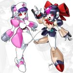  2girls bow breasts highres kouichi_(kouichi-129) looking_at_viewer mecha_musume medarot medium_breasts miniskirt multiple_girls open_mouth pointing red_eyes robot_girl skirt 